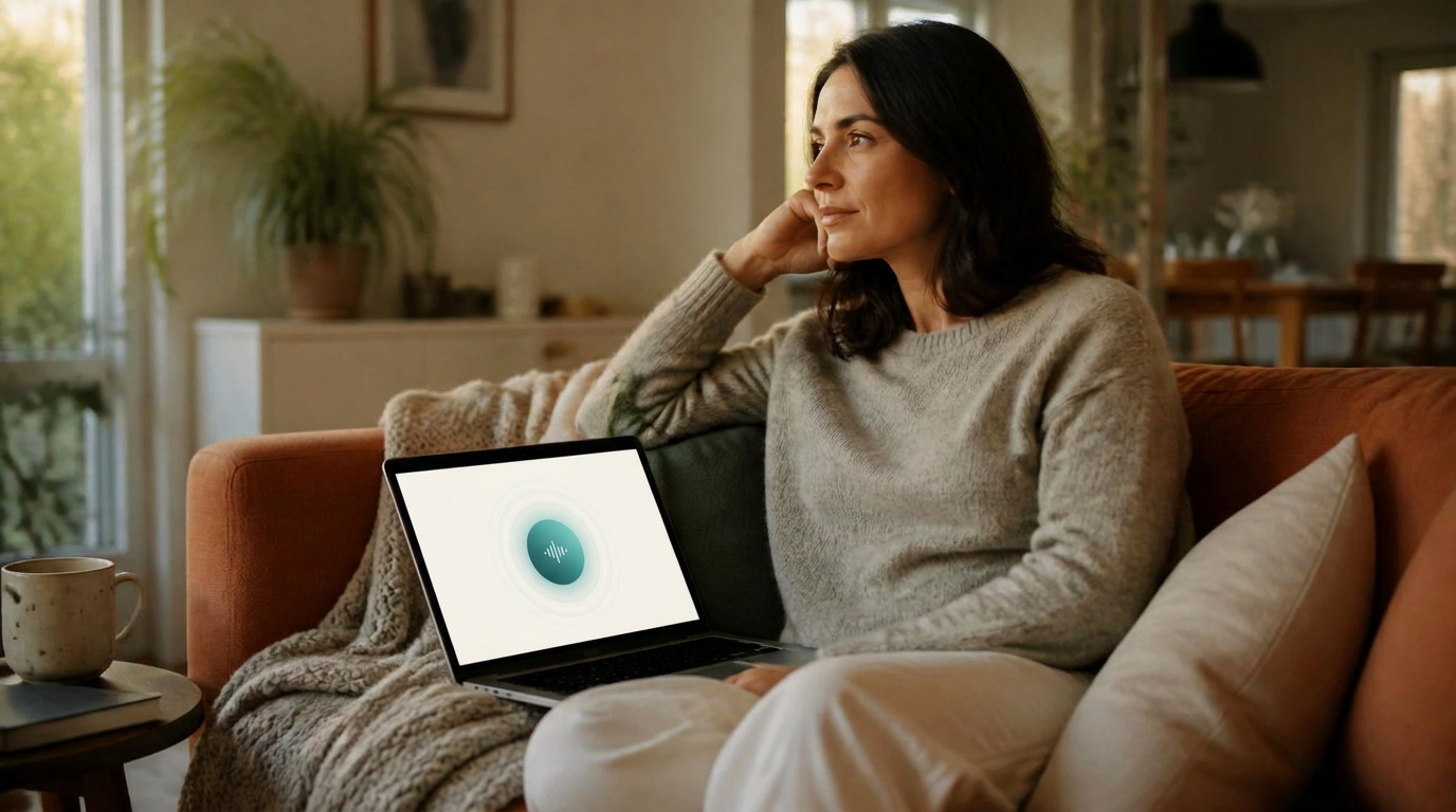A woman pauses at her kitchen table with a laptop open, quietly rehearsing what she wants to say